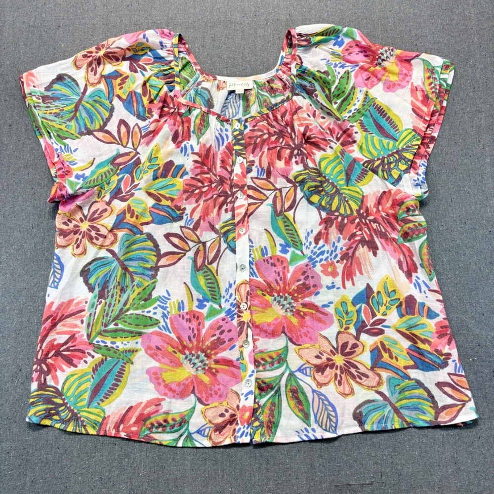 Kate & Lily 3X Floral Tropical Button Down Blouse Artsy Summer Resort Top